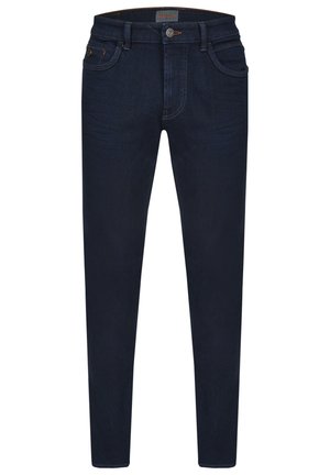 Dunkelblaue Denim-Jeans mit schlankem Schnitt, Frontknopfverschluss, fünf Taschen und kontrastierenden Nähdetails.
