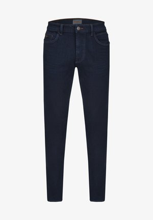 Donkerblauwe denim jeans met een slim fit, voorzien van een sluiting met voorknoop, vijf zakken en contrasterende stiksels.
