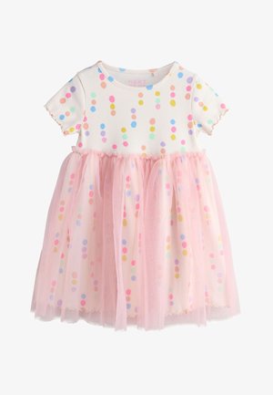 Weißes kurzärmeliges Babykleid mit mehrfarbigen Punkten und einem hellrosa Tüllüberrock.