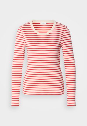 Pitkähihainen raidallinen t-paita, jossa on punainen ja kerma väriyhdistelmä, pyöreä kaula-aukko, vartalonmyötäinen malli ja pehmeä puuvillamainen rakenne.