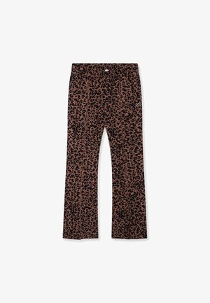 Brown flared leggings with a black leopard print pattern. Features a comfortable elastic waistband and a small logo detail on the side.
