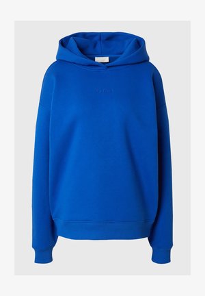 Blauwe hoodie van katoen, uitgerust met een voorste kangoeroezak, ribgebreide manchetten en zoom, met een subtiele geborduurde logo op de borst.