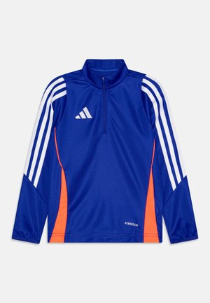 Blue long-sleeve athletic top with a half zip, white stripes on shoulders, orange side panel, and gray "AEROREADY" logo on hem.