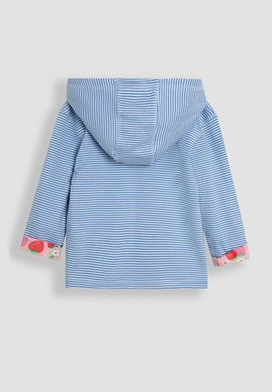 Blue and white striped hoodie with a large hood, featuring floral and strawberry patterns on the pink cuff hems. Cotton material.