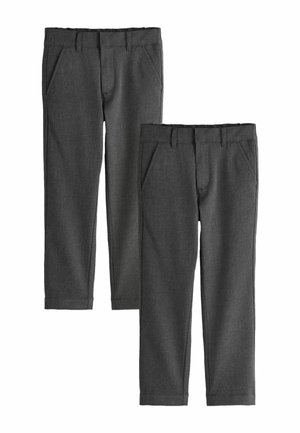 Two pairs of dark gray formal trousers with belt loops, slanted front pockets, and tailored straight legs, shown flat against a white background.