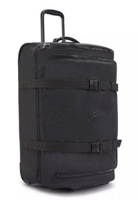 Sort hjulkuffert lavet af slidstærkt stof, udstyret med et teleskophåndtag, front- og sidezipper samt sikre kompressionsremme.