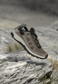 Ελαφρύ ταμπά παπούτσι πεζοπορίας με άνω μέρος από δίχτυ, μαύρη λαστιχένια σόλα και ρυθμιζόμενο λουράκι στο τακούνι. Διαθέτει σήμανση Salomon και υφή στην επιφάνεια.