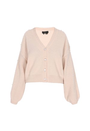 Cardigan lavorato a maglia rosa chiaro con scollatura a V, chiusura a bottoni e maniche lunghe decorate con applicazioni simili a perle.