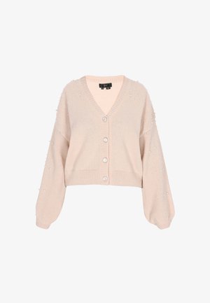 Lichtroze gebreide cardigan met een V-hals, knoopsluiting en lange mouwen versierd met parelachtige embellishments.