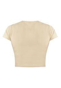 Beige kurz geschnittenes T-Shirt aus weichem Stoff, mit kurzen Ärmeln, rundem Halsausschnitt und glatter Textur ohne sichtbare Muster.