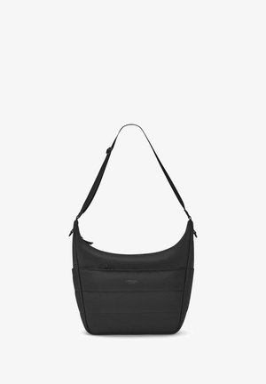 Bolso negro acolchado para el hombro con correa ajustable y bolsillo delantero con cremallera, con la marca "Larkson Hamburg" en el panel frontal.