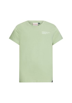 T-shirt di cotone verde chiaro con maniche corte, colletto rotondo e testo stampato bianco sul davanti. Presenta un piccolo tag con logo sul lato.