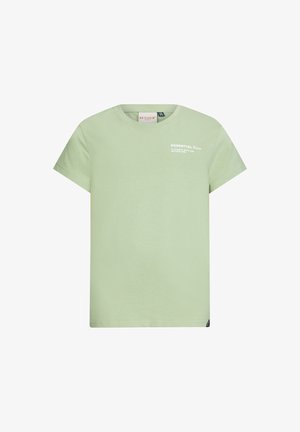 T-shirt di cotone verde chiaro con maniche corte, colletto rotondo e testo stampato bianco sul davanti. Presenta un piccolo tag con logo sul lato.
