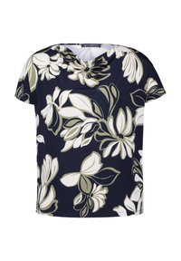 Blütenoberteil mit kurzen Ärmeln in Marineblau, mit einem schulterfreien Ausschnitt, großen Blättern in Grün und Creme sowie einem lockeren, entspannten Schnitt. Weicher Stoff.