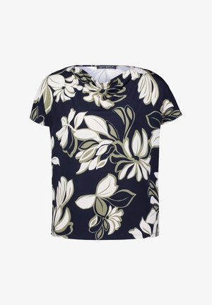 Blütenoberteil mit kurzen Ärmeln in Marineblau, mit einem schulterfreien Ausschnitt, großen Blättern in Grün und Creme sowie einem lockeren, entspannten Schnitt. Weicher Stoff.
