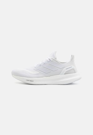 White running shoe with a textured mesh upper, three stripe logo, lace-up design, cushioned sole, and "LIGHT BOOST" detailing on the sole.