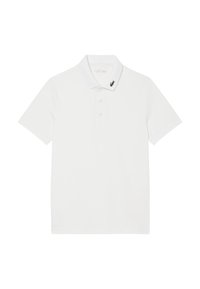 Polo blanc en coton lisse, avec un col classique, des manches courtes et un logo vert brodé sur le col.