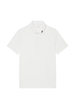 Polo shirt bianco realizzato in cotone setoso, con colletto classico, maniche corte e un logo ricamato verde sul colletto.