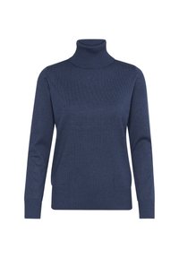 Granatowy sweter z golfem, z długimi rękawami, żebrowanym kołnierzem i mankietami, wykonany z teksturowanej tkaniny, o luźnym kroju.