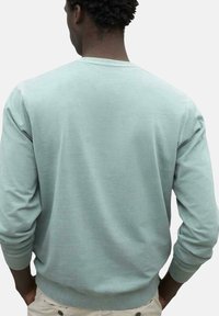 Sudadera azul claro de manga larga, con cuello redondo, puños y dobladillo acanalados. Textura suave, diseño minimalista, sin patrones ni acentos visibles.