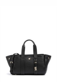 Borsa a mano in pelle nera con doppi manici superiori e tracolla staccabile. Caratterizzata da una finitura testurizzata, dettagli hardware in tono oro e branding discreto.