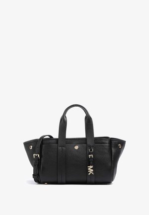 Borsa a mano in pelle nera con doppi manici superiori e tracolla staccabile. Caratterizzata da una finitura testurizzata, dettagli hardware in tono oro e branding discreto.