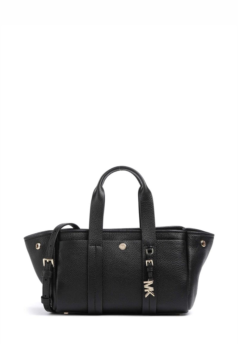 Borsa a mano in pelle nera con doppi manici superiori e tracolla staccabile. Caratterizzata da una finitura testurizzata, dettagli hardware in tono oro e branding discreto.