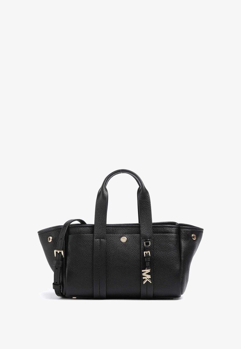 Borsa a mano in pelle nera con doppi manici superiori e tracolla staccabile. Caratterizzata da una finitura testurizzata, dettagli hardware in tono oro e branding discreto.