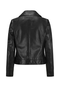 Schwarze Lederjacke mit einem Reverskragen, langen Ärmeln und einer taillierten Silhouette. Die Rückseite zeichnet sich durch klare Linien und eine glatte Textur aus.