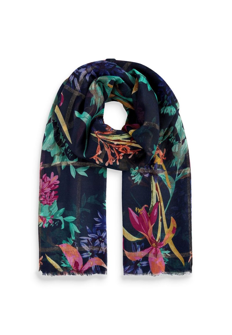 Écharpe bleu foncé avec imprimé floral multicolore comprenant des fleurs roses, orange, violettes et des feuilles vertes, pliée lâchement avec des bords frangés.