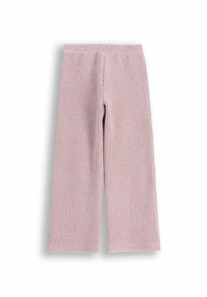 Miękkie różowe, dziane spodnie o szerokich nogawkach z elastycznym pasem, zaprojektowane z myślą o wygodzie i codziennym noszeniu.