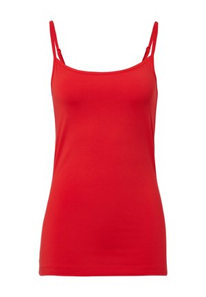 Red tank top made of soft, smooth fabric. Features thin straps and a fitted design. No patterns or additional hardware visible.