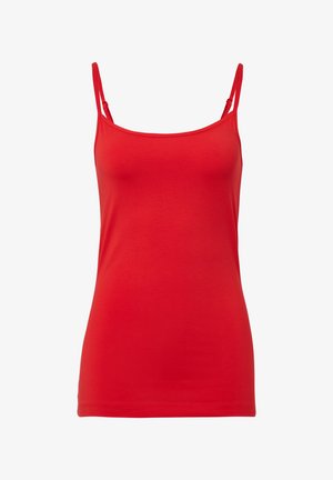Red tank top made of soft, smooth fabric. Features thin straps and a fitted design. No patterns or additional hardware visible.