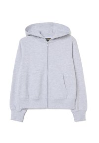 Grijze zip-up hoodie gemaakt van een zachte katoenmix, met een capuchon met trekkoorden, ribgebreide manchetten en steekzakken. Klassiek, casual ontwerp.