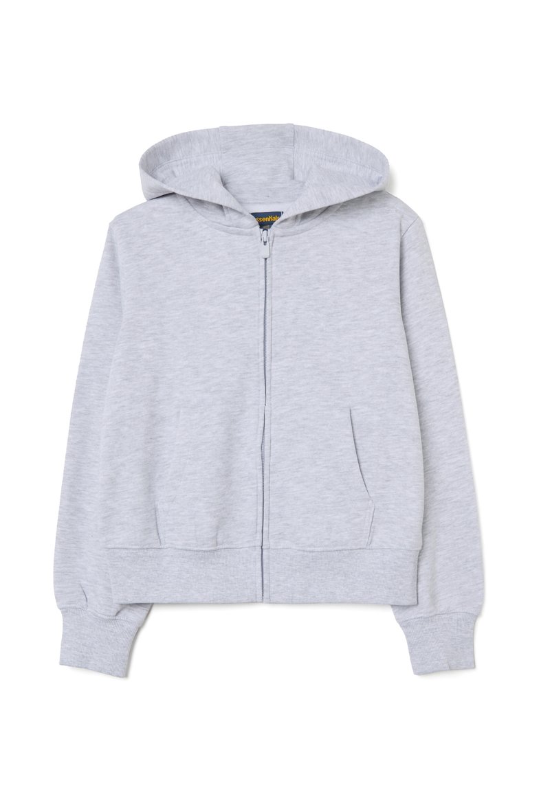Grijze zip-up hoodie gemaakt van een zachte katoenmix, met een capuchon met trekkoorden, ribgebreide manchetten en steekzakken. Klassiek, casual ontwerp.