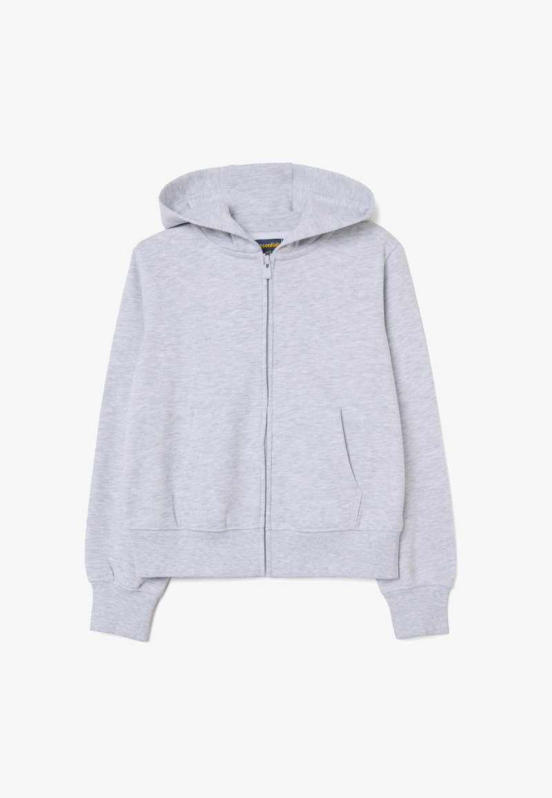 Grijze zip-up hoodie gemaakt van een zachte katoenmix, met een capuchon met trekkoorden, ribgebreide manchetten en steekzakken. Klassiek, casual ontwerp.