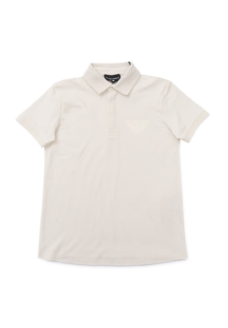 Polo shirt beige chiaro in cotone, con colletto classico, maniche corte e logo stampato sul lato sinistro del petto.