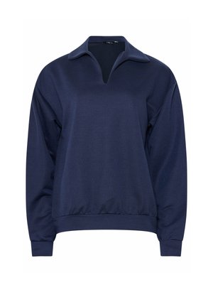 Navy blue long-sleeve pullover with a wide collar and V-shaped notch neckline, ribbed cuffs, and a stretchy waistband.