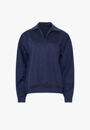 Navy blue long-sleeve pullover with a wide collar and V-shaped notch neckline, ribbed cuffs, and a stretchy waistband.