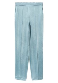 Hellblaue Samt-Hosen mit weitem Bein und glatter Textur, ausgestattet mit einem taillierten Bund und vorderen Falten für zusätzliche Details.