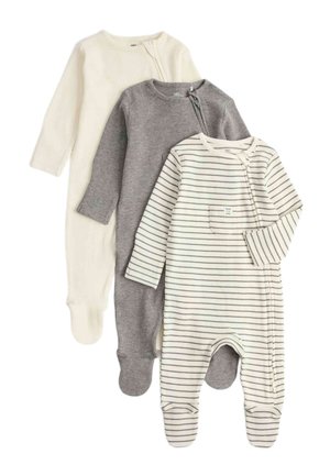 Tre langærmede babydragter med fødder; en ensfarvet creme, en ensfarvet grå, en cremefarvet med tynde grå striber og en forlomme.