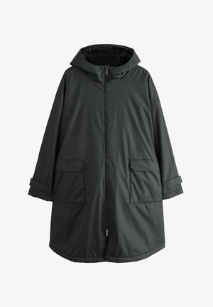 Cappotto anti vento grigio scuro, lungo fino al ginocchio, con cappuccio, chiusura con zip, due ampie tasche applicate e una morbida fodera interna. Include polsini arrotolati.