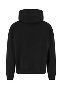 Schwarzer Kapuzenpullover aus Baumwolle, ausgestattet mit einer Kordelzugkapuze, gerippten Bündchen und Saum sowie einer einfachen, glatten Textur ohne sichtbare Muster.