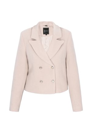 Svetle růžový dvouřadý kabát s klopovým límcem a stříbrnými knoflíky; vyrobený z texturované látky; zkrácená délka.