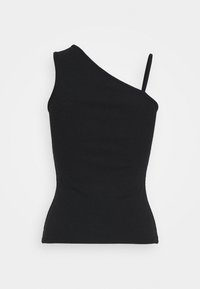 Black one-shoulder top made from ribbed fabric. Slim fit with an adjustable strap on one shoulder, smooth texture, and minimal design.