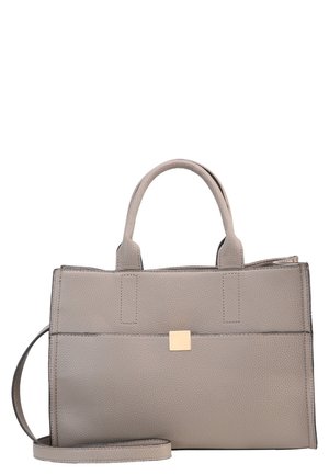 Sac à main en cuir taupe de taille moyenne avec doubles poignées, bandoulière amovible et petite fermeture carrée dorée à l'avant.