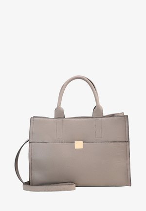 Medium-sized taupe læderhåndtaske med to håndtag, aftagelig skulderrem og lille firkantet guldlås foran.