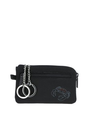 Black zippered pouch with two silver key rings on chains and a small crab graphic with red dots on the lower right corner.