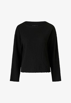 Sort tekstureret langærmet dametop med rund halsudskæring og en let løs pasform.