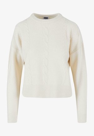Crème kabelgebreide trui met een ronde hals, lange mouwen en ribgebreide zoom. Heeft een gestructureerd patroon aan de voorkant.